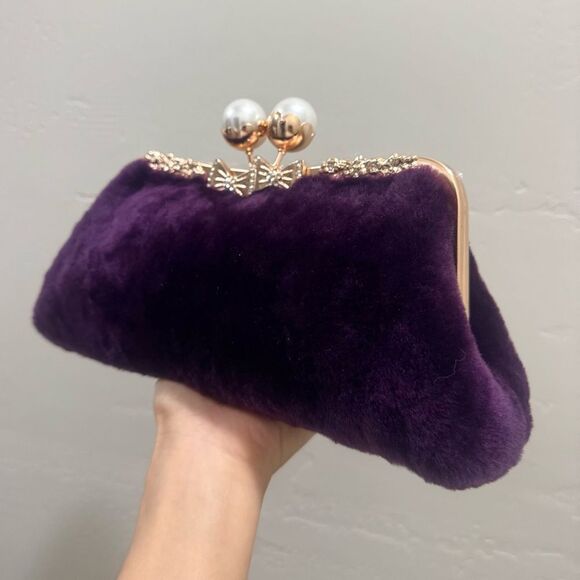 Purple Real Shearling Leather “Pearl” Kisslock Clutch Bag/Evening Bag/Crossbody